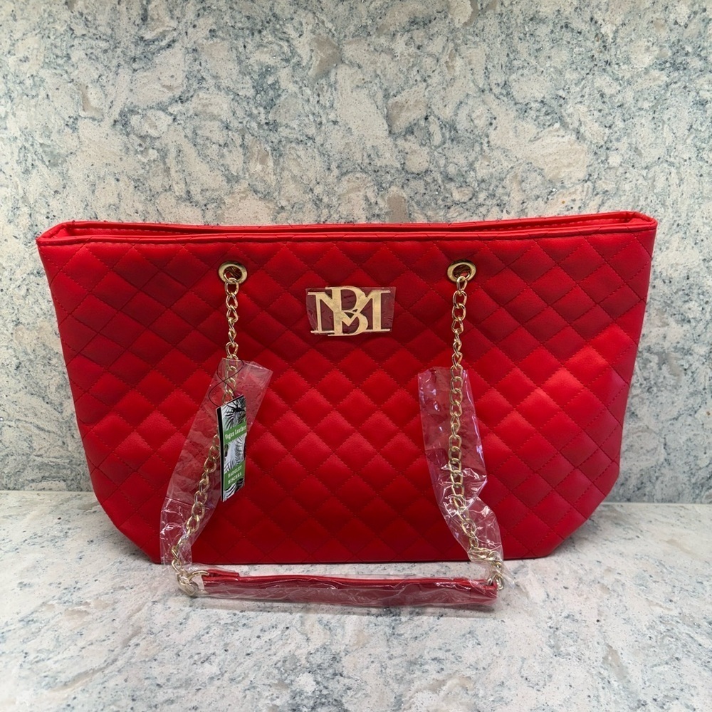 Badgley Mischka Red Vegan Leather Quilted Tote 19"x5"x17" MSRP $129
